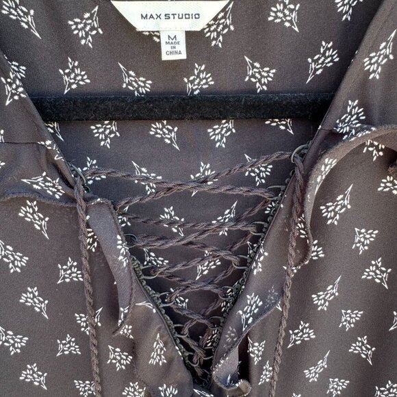 Max Studio Black Boho Long-Sleeve Lace-Up Floral Print Ruffle Trim Tassel Dress - Picture 13 of 14